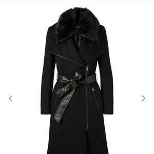 Mackage Black Wool Coat with Leather Trim and Fur Collar